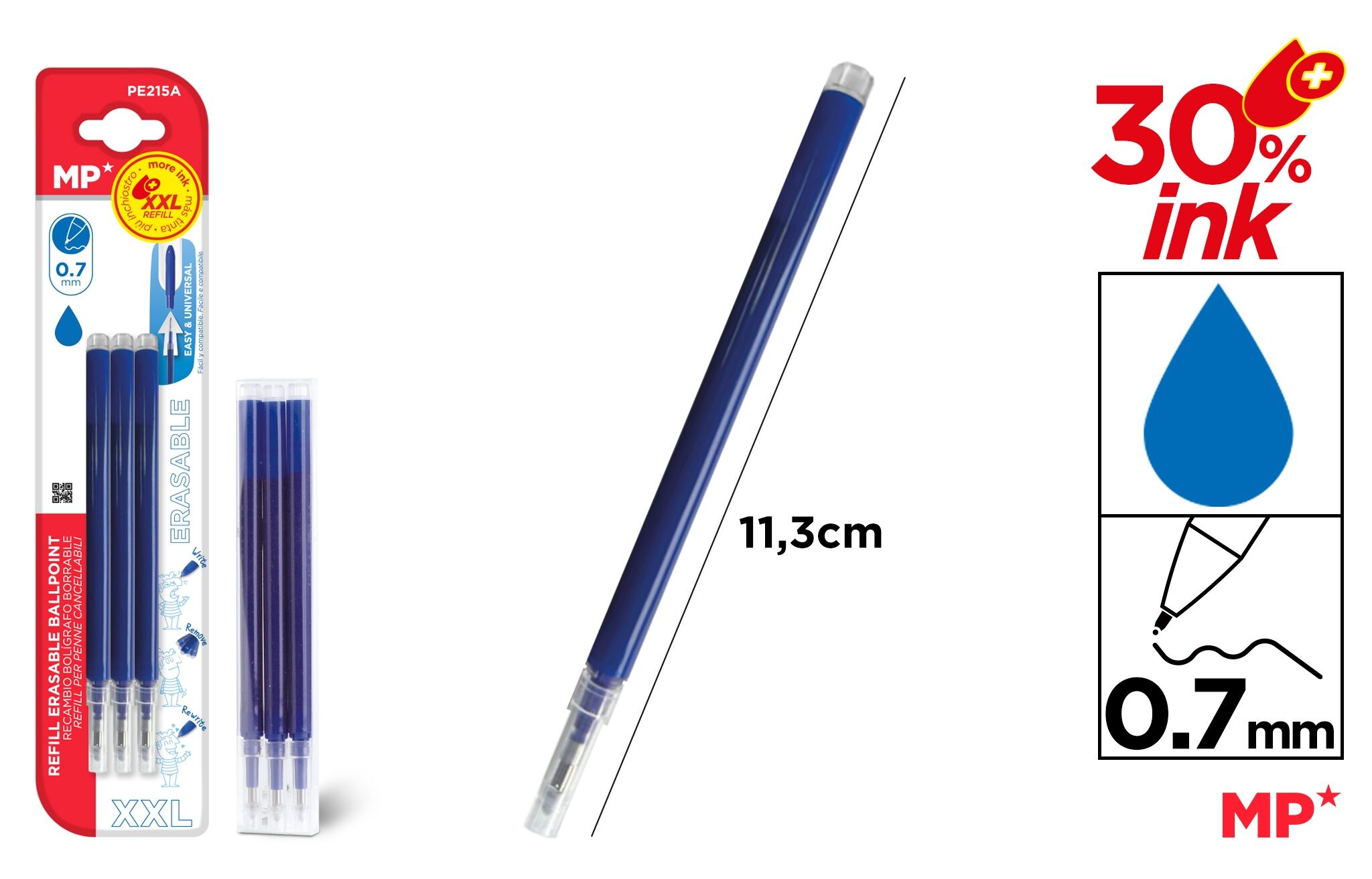 Wkłady do długopisów ścieralnych MP XXL 0.7mm niebieskie 3szt. blister
