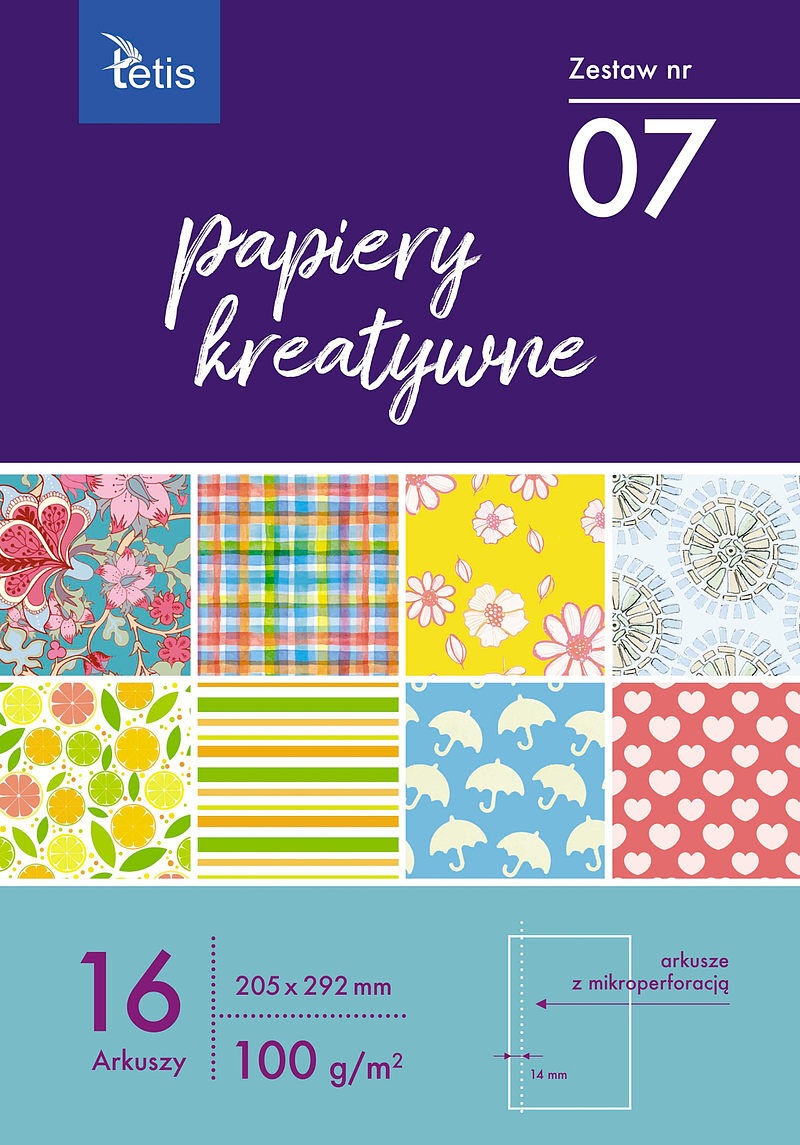 Papiery kreatywne zestaw 7 100g/m2 16 ark