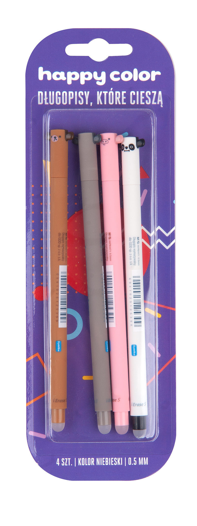 Długopis happy color uszaki zmazywalny 0. 5mm 4 sztuki na blistrze