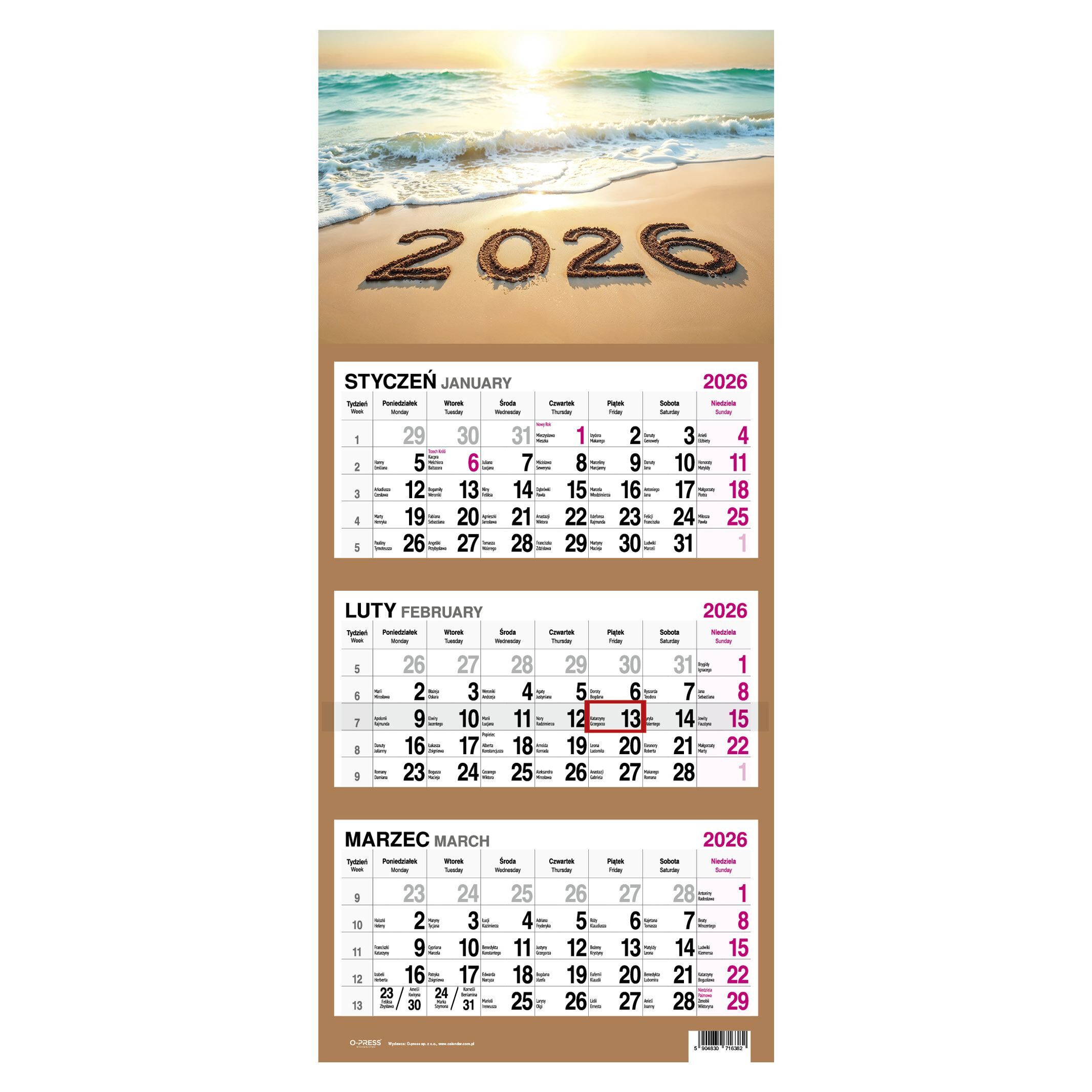 Kalendarz 2026 trójdzielny Plaża