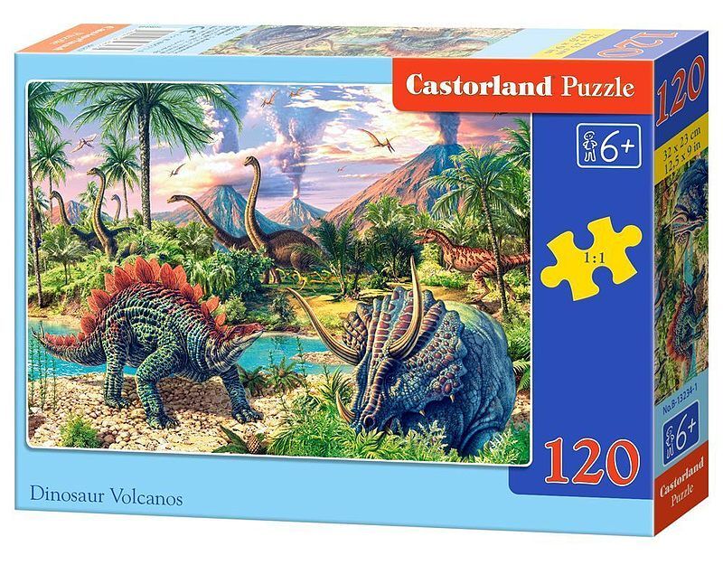 Puzzle 120 dinozaury przy wulkanach