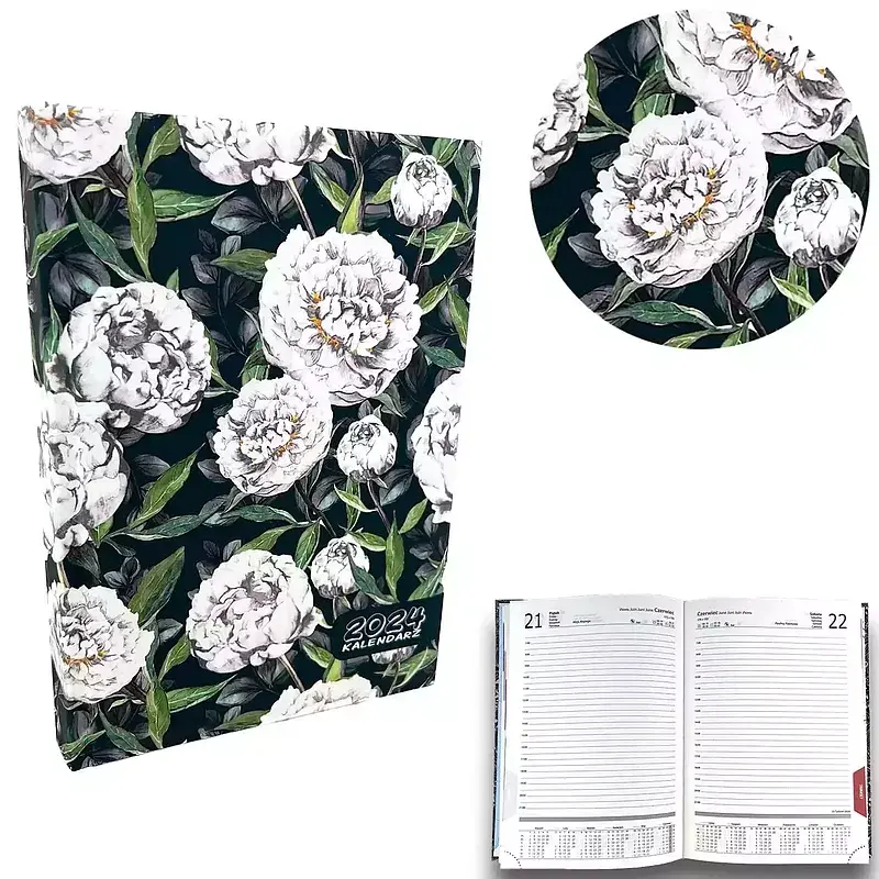 Kalendarz 2024 dzienny sb/nd osobno a5 soft touch peonie w zieleni ev230039