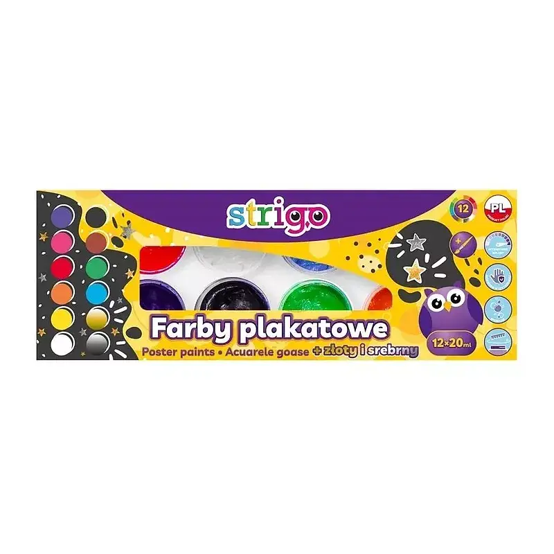 Farby plakatowe strigo 12 kolorów po 20 ml pędzelek