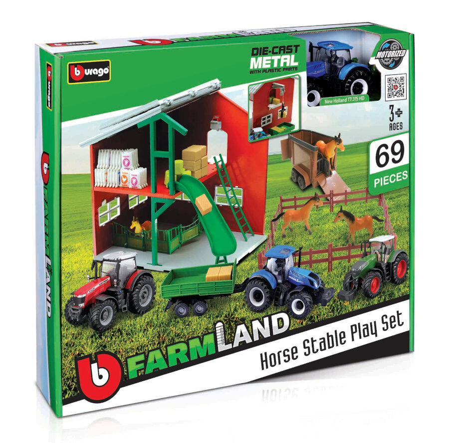 Bburago Stajnia dla koni metalowy Traktor zestaw farma figurki ranczo  18-31682