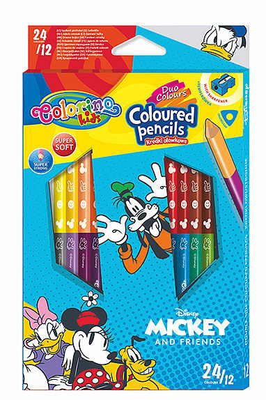 Kredki ołówkowe trójkątne colorino kids 24 kolorów 12 sztuk z temperówką  mickey