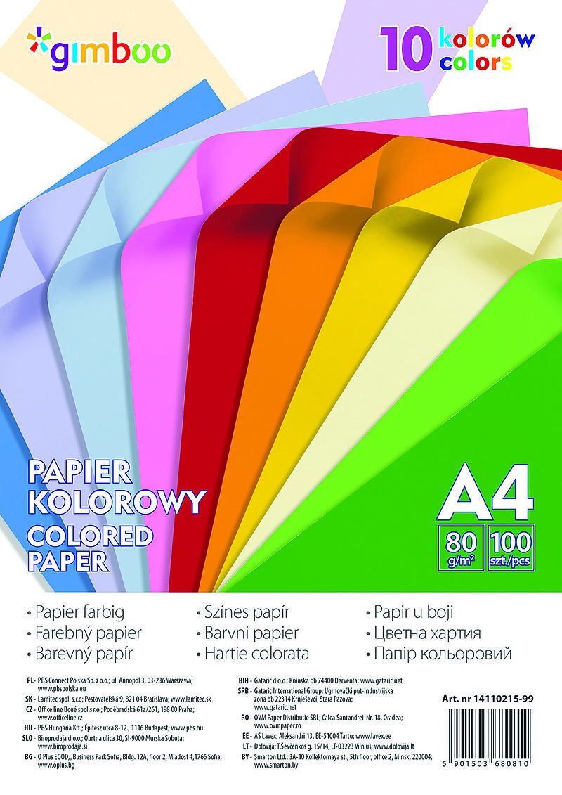 Papier kolorowy gimboo a4 100 arkuszy 80gsm 10 kolorów neonowych