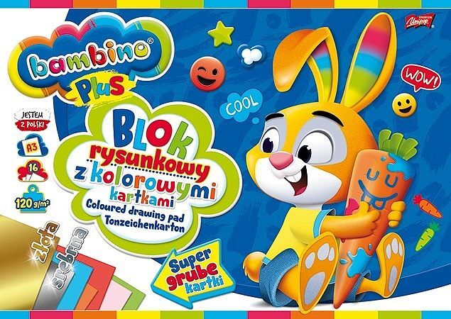 Blok rysunkowy a3 16k kolorowe kartki + zł/sr bambino plus pakiet 10 sztuk