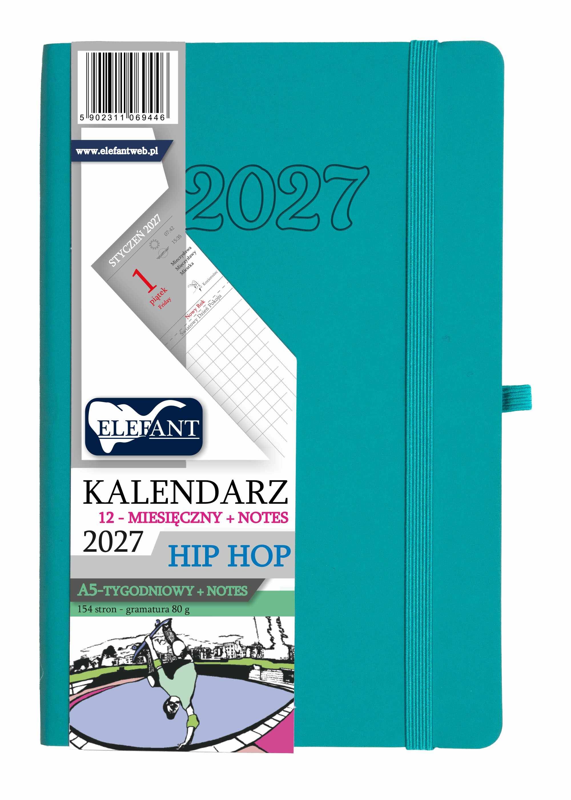 Kalendarz 2027 12 m-cy. Hip hop A5 tygodniowy turkusowy