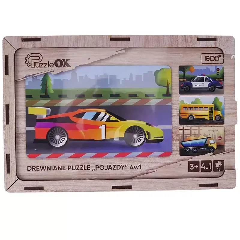 Puzzle 4w1 drewniane pojazdy