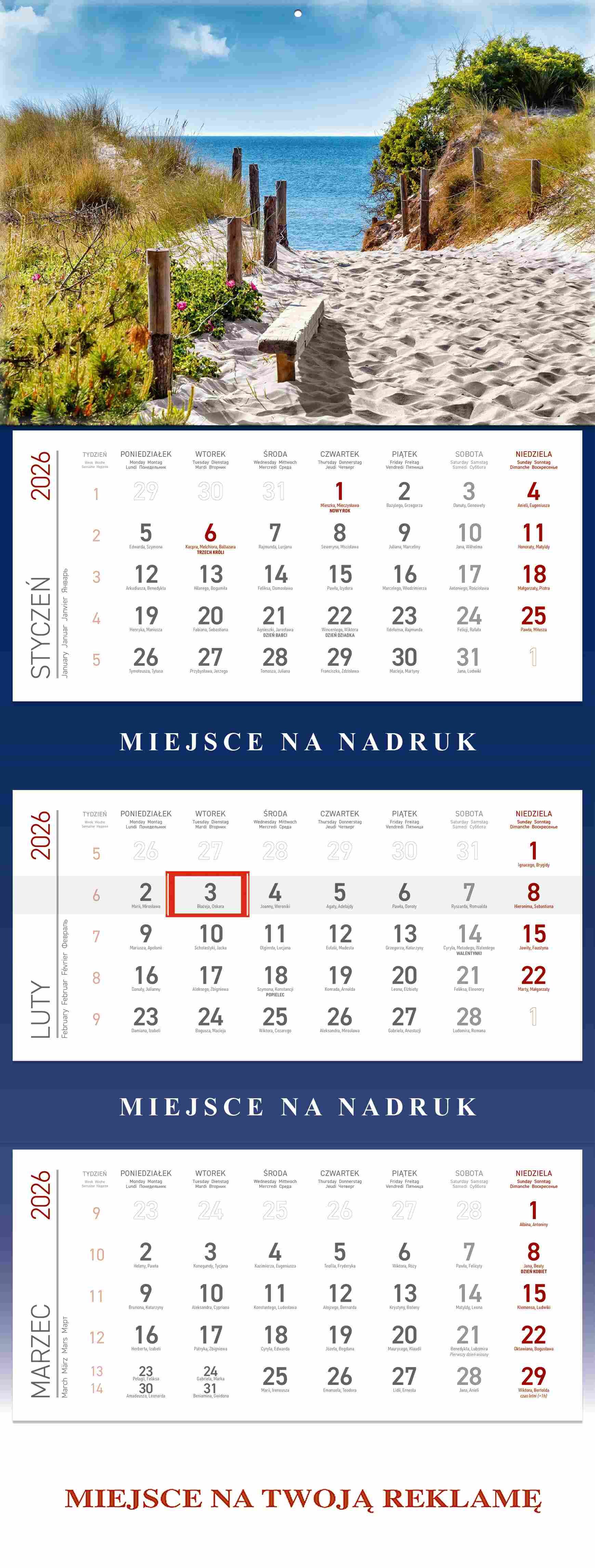 Kalendarz 2026 trójdzielny Morze