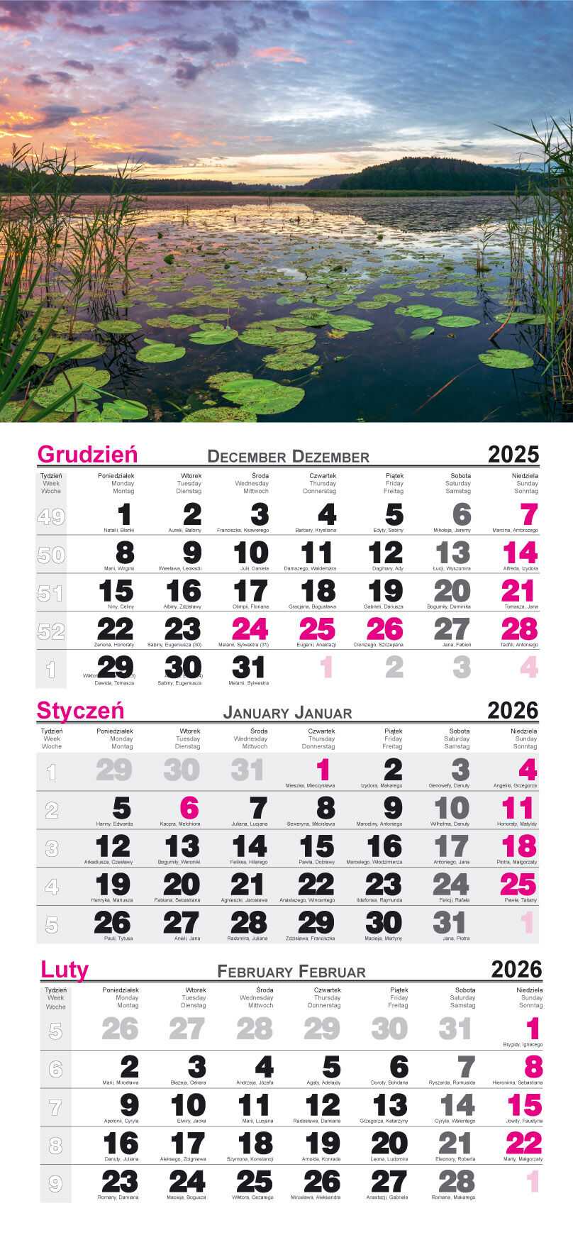 Kalendarz 2026 trójdzielny Jezioro