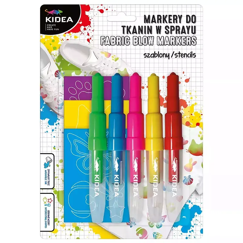 Markery do tkanin w sprayu z szablonami zwierzaki 5 kolorów