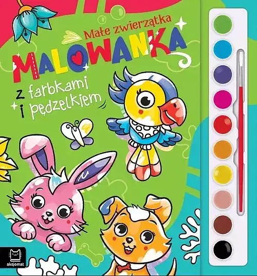 Malowanka z farbkami i pędzelkiem. Małe zwierzątka