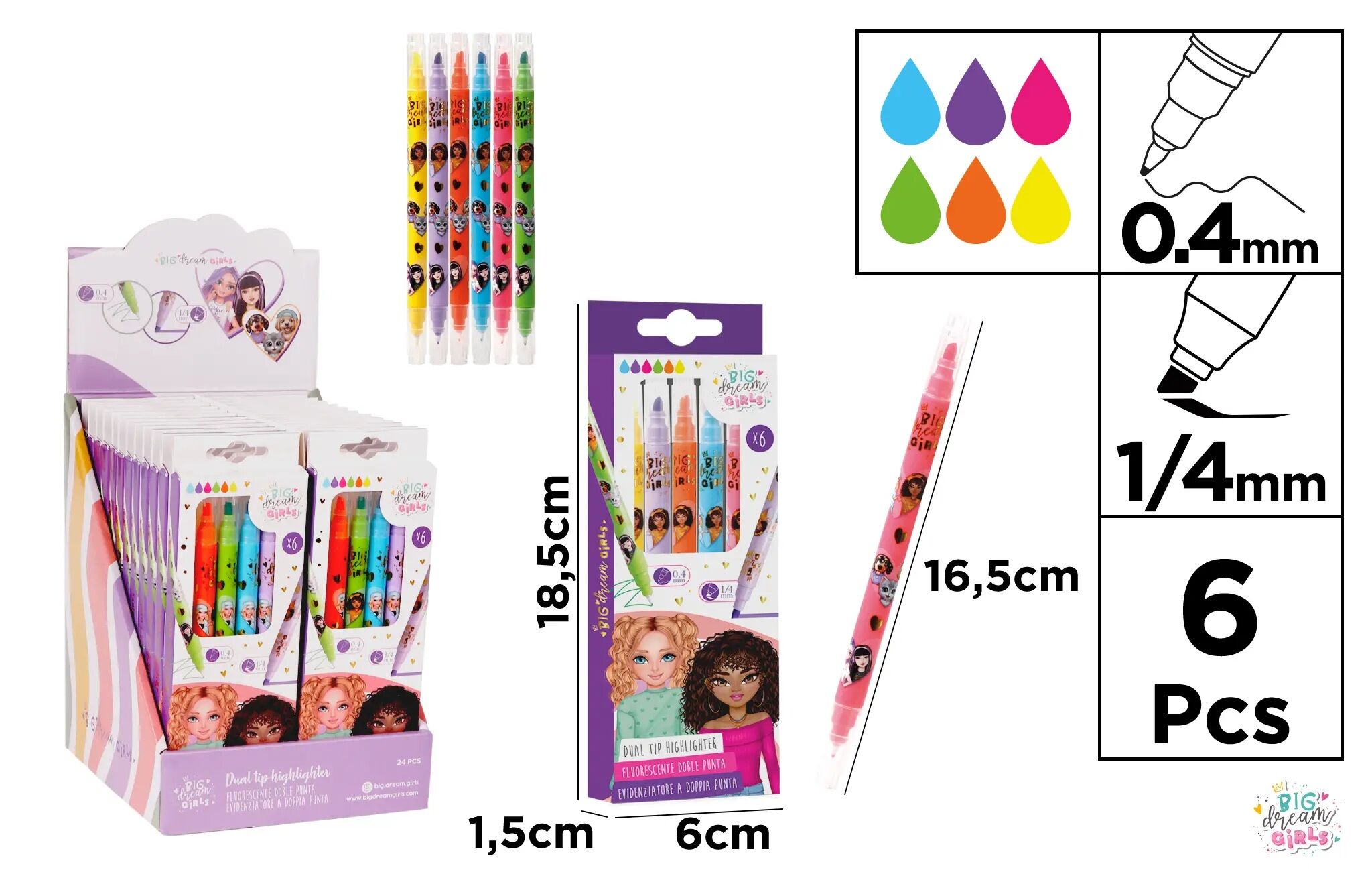 Zakreślacz BDGirls dwustronny 0.4mm-1/4mm 6 kolorów