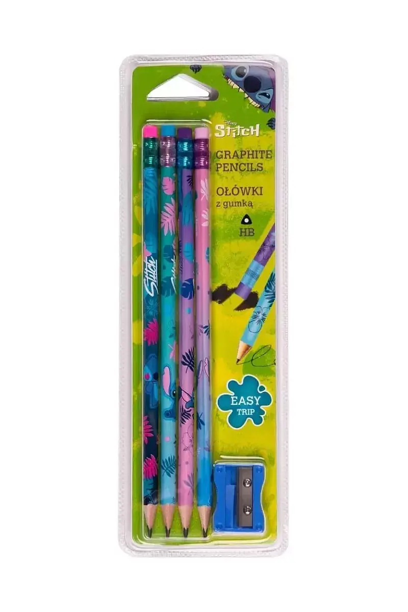 Ołówki trójkątne z gumką temperówka disney core stitch blister 4 szt