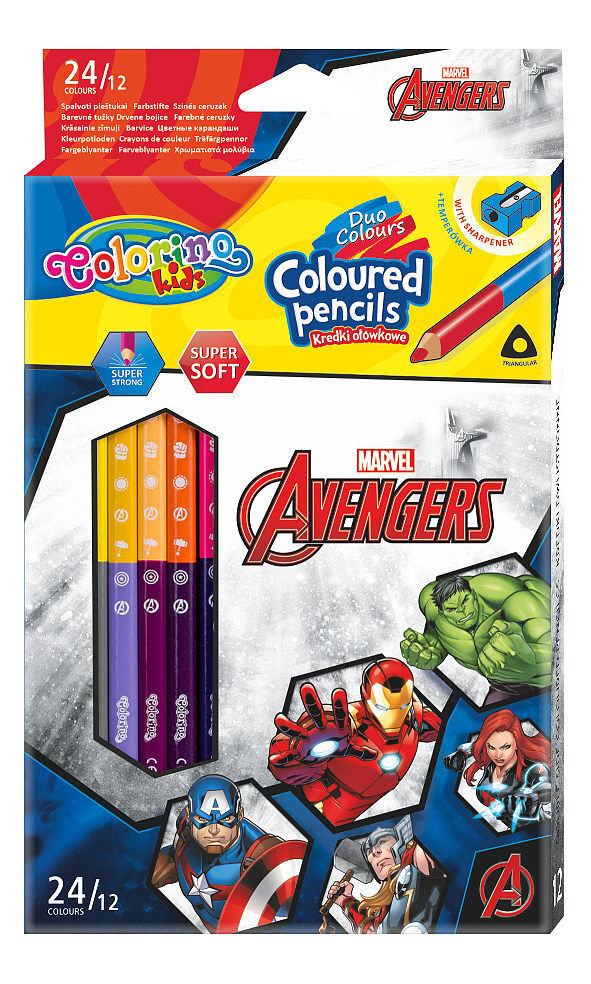 Kredki ołówkowe trójkątne colorino kids 24 kolorów 12 sztuk z temperówką avengers