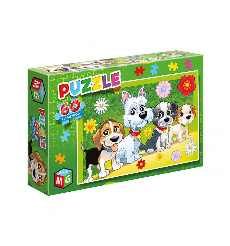 Puzzle 60 pieski kwiatki
