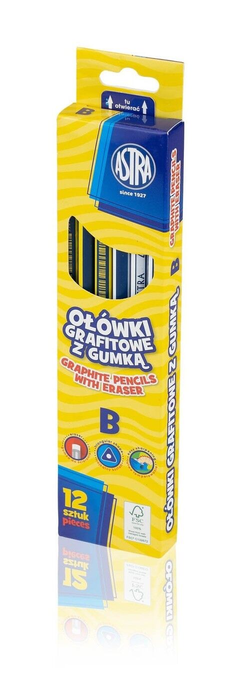 Ołówki grafitowe z gumką B 12 sztuk mix