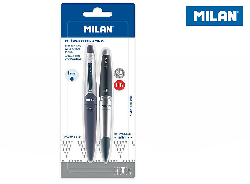 Zestaw MILAN: Długopis + ołówek automatyczny CAPSULE SILVER slim na blistrze