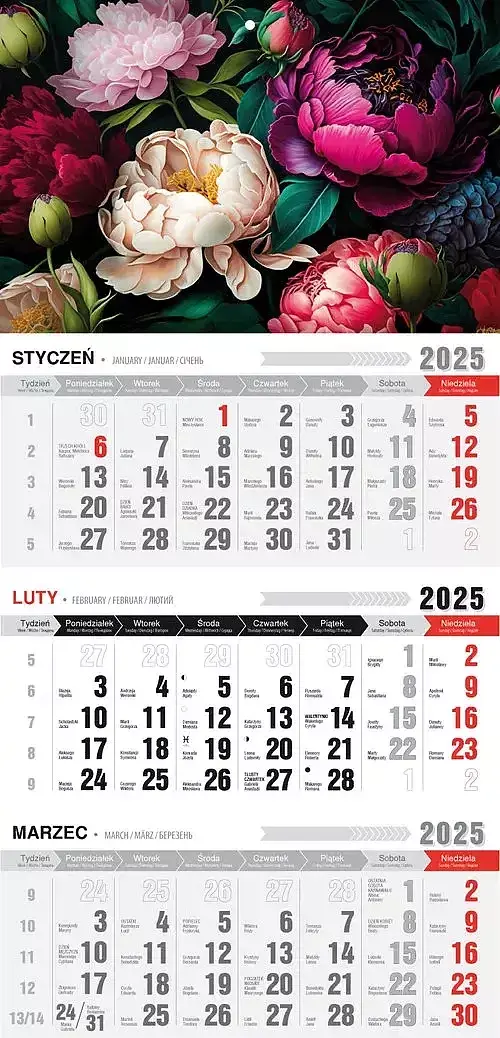 Kalendarz 2025 trójdzielny ekonomiczny kwiaty kte ve-7