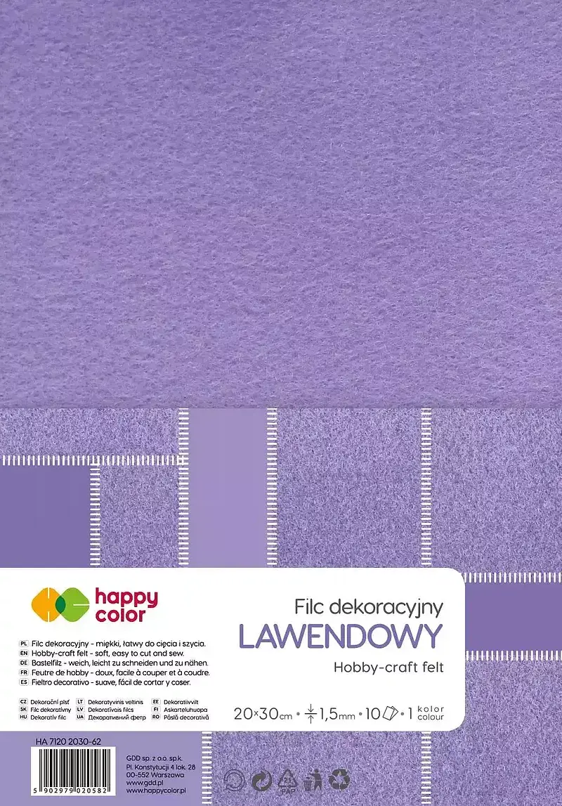Filc dekoracyjny 20x30 cm 1,5 mm 5 ark. Lawendowy happy color