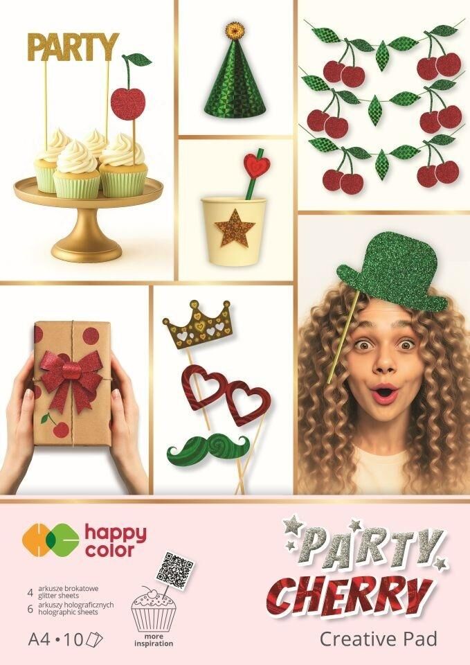 Blok Happy Color Party Cherry, A4/10 ark, holographic + brokat