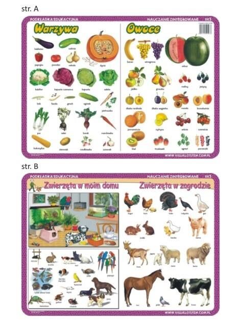 Podkładka edukacyjna 003 - Nauczanie Zintegrowane. Warzywa, Owoce, Zwierząta w Moim Domu/W Zagrodzie