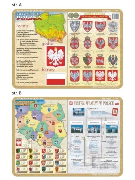 Podkładka edukacyjna 014 - Historia. Polskie godło, barwy, hymn, godło Polski na przestrzeni wieków, administracyjna mapa Polski, system władzy w Polsce