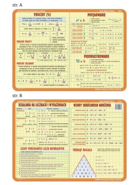 Podkładka edukacyjna 031 - Matematyka. Procent, potęgowanie, działania na liczbach i wyrażeniach, wzory skróconego mnożenia