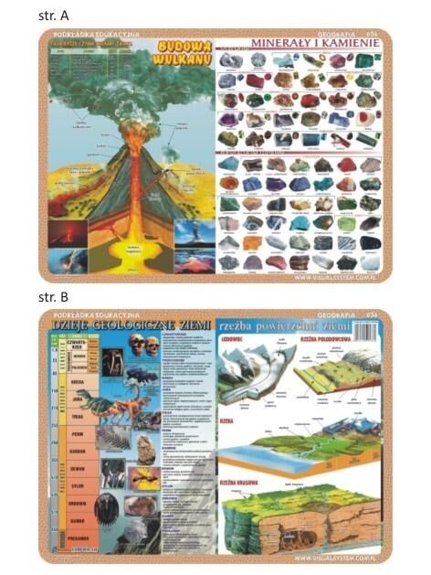 Podkładka edukacyjna 036 - Geografia. Dzieje geologiczne Ziemi, rzeźba powierzchni ziemi, budowa wulkanu, minerały i kamienie