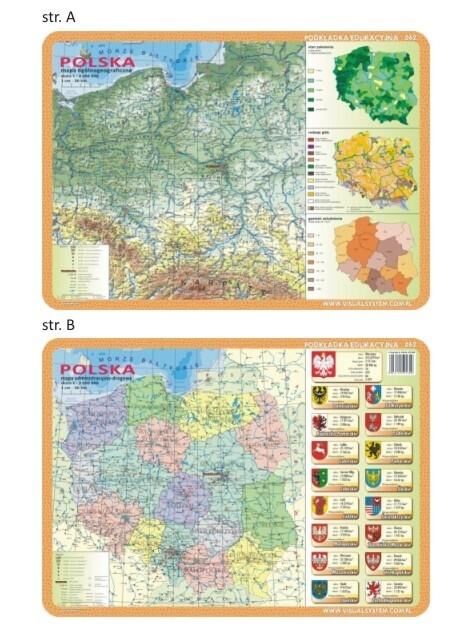 Podkładka edukacyjna 062 - Mapy Polski i świata. Polska - mapa fizyczna i administracyjno-drogowa