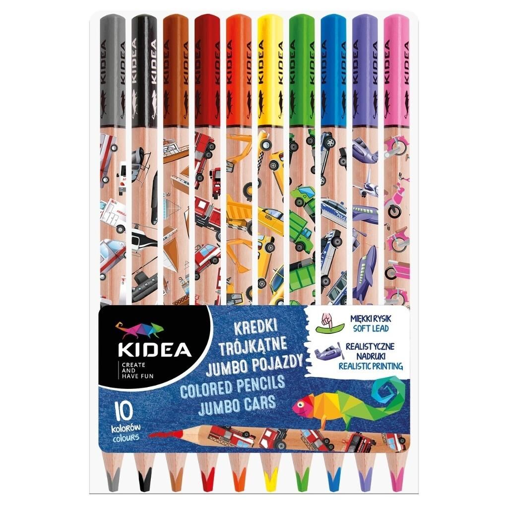 Kidea, Kredki trójkątne Jumbo - Pojazdy, 10 kolorów