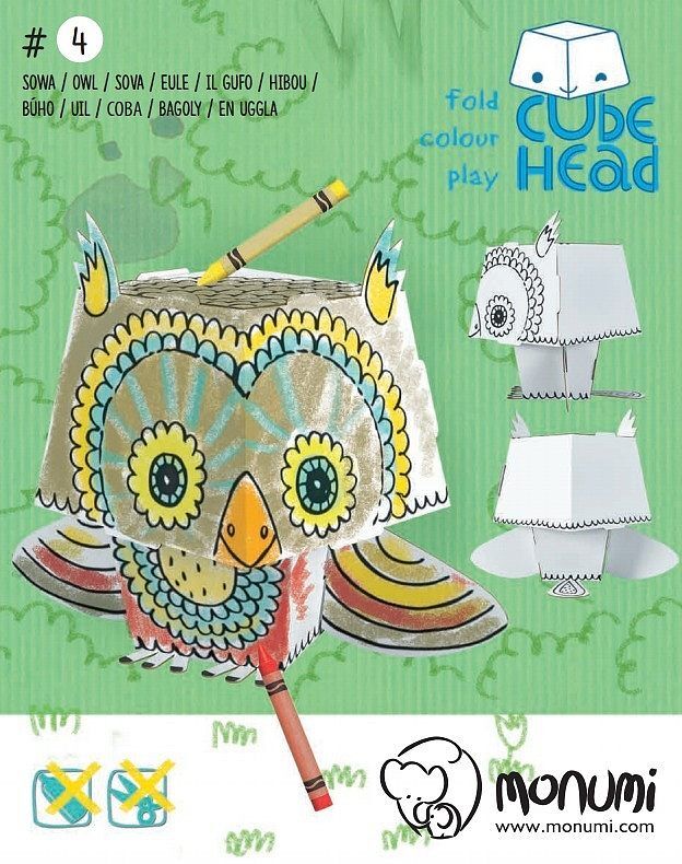 Sowa cube head złóż i pokoloruj