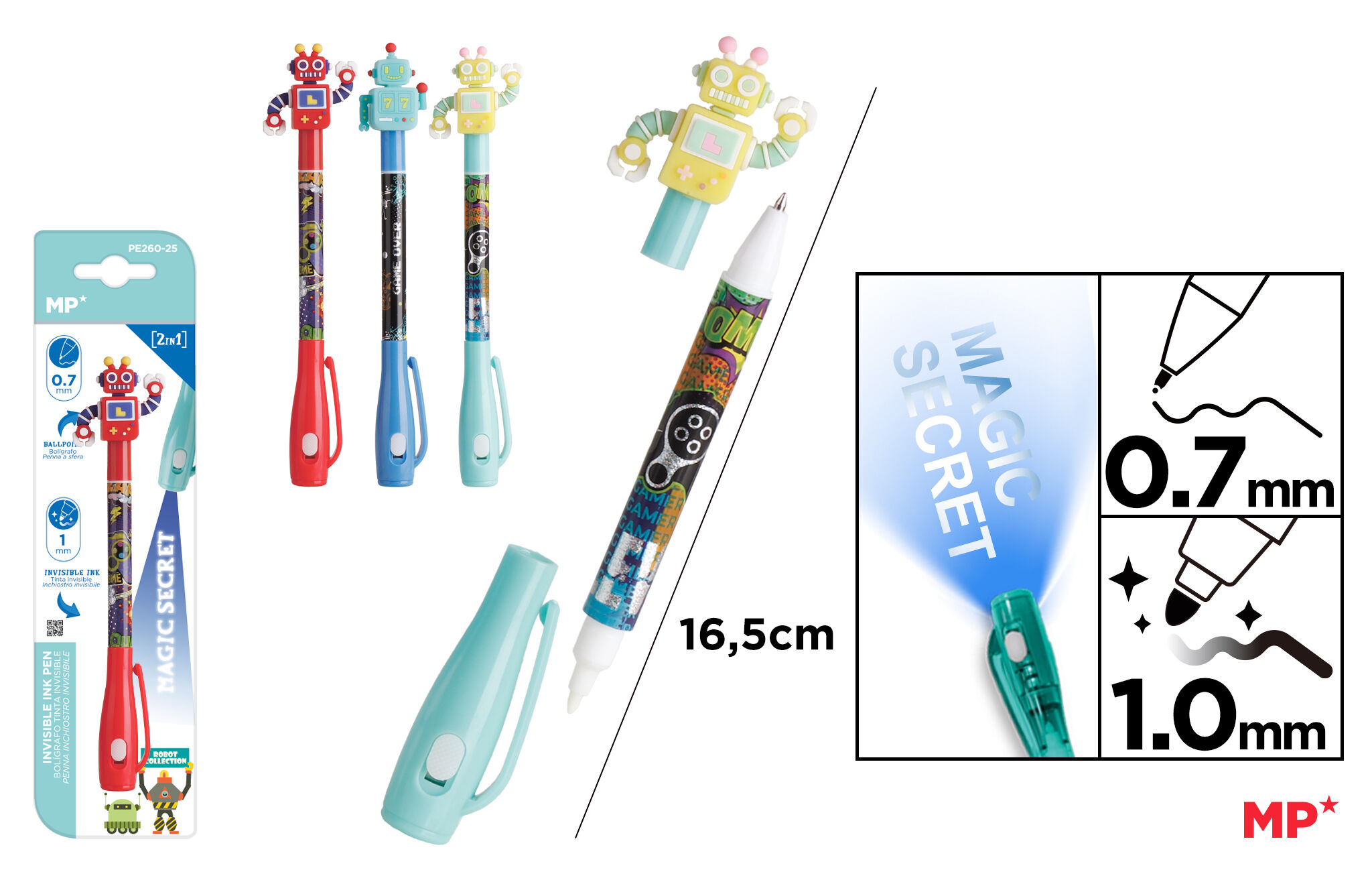 Długopis Szpiegowski UV z podwójną końcówką 0.7/1.0mm Roboty 1szt.mix