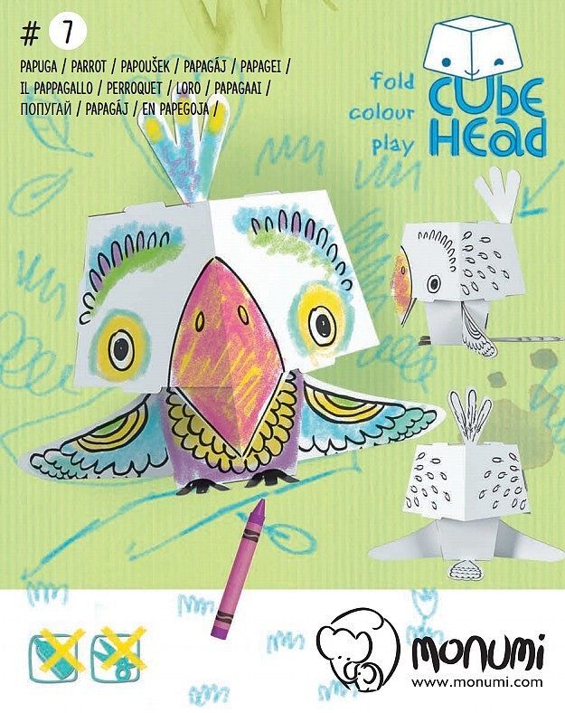 Papuga cube head złóż i pokoloruj