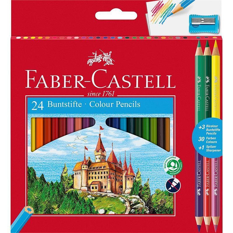 Kredki ołówkowe faber-castell zamek 24 kolory +3 kredki dwustronne+temperówka