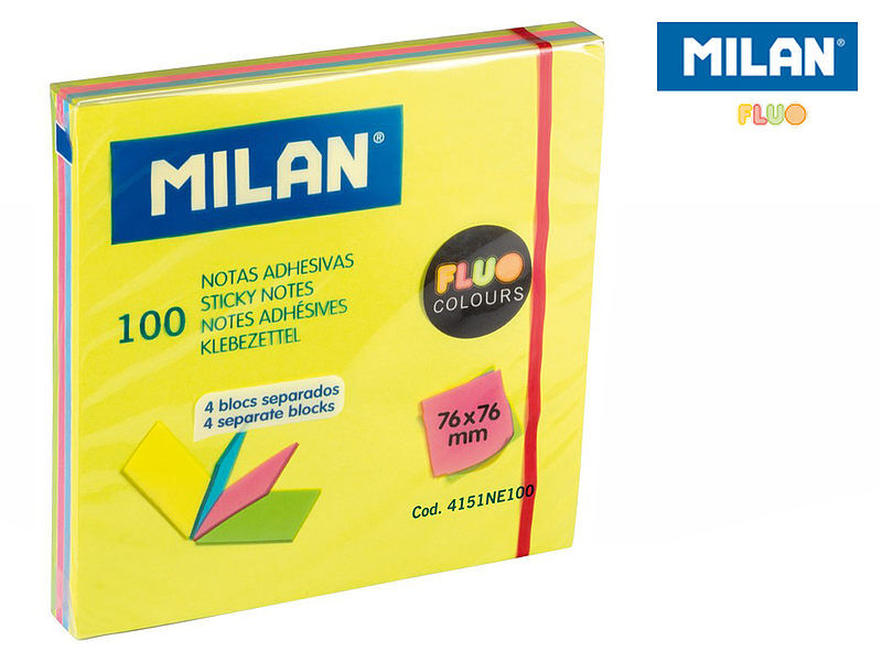 Karteczki samoprzylepne milan fluo 76 x 76 mm w 4 kolorach w osobnych bloczkach, 100 szt