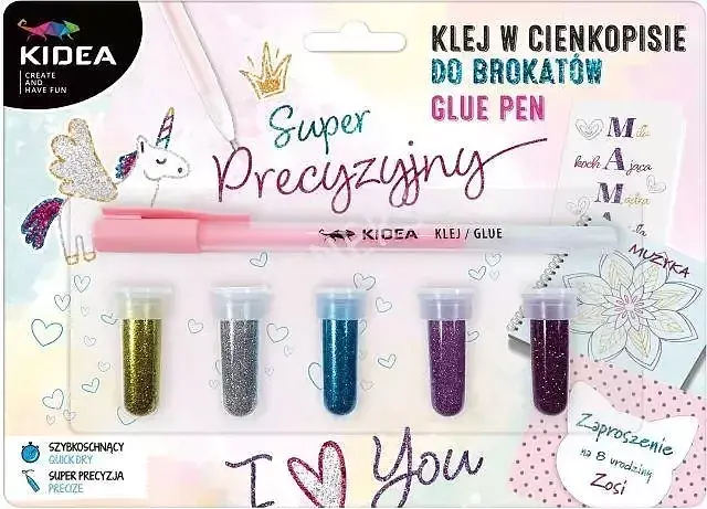 Klej precyzyjny w cienkopisie 5 brokatów kidea