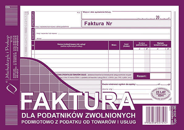 Faktura dla zwolnionych podmiotowo z podatku a5 poziom