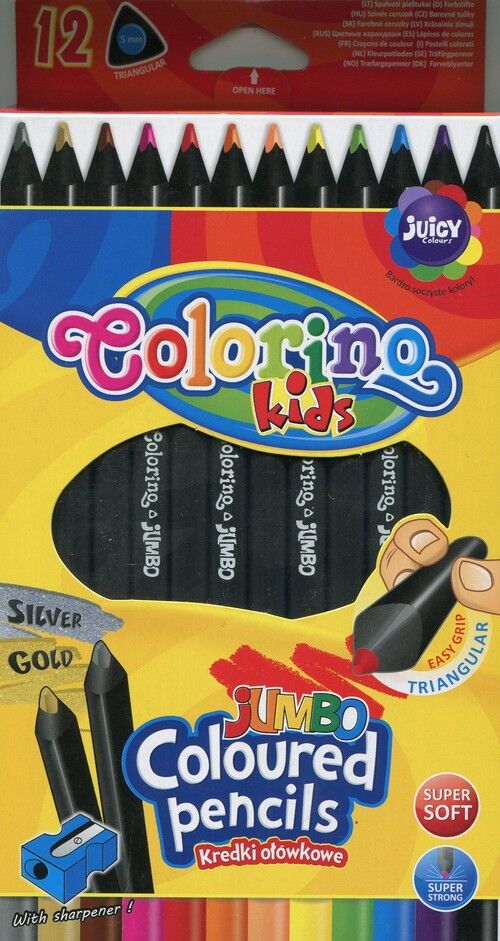 Kredki ołówkowe Colorino trójkątne Jumbo czarne 12 kolorów + temperówka