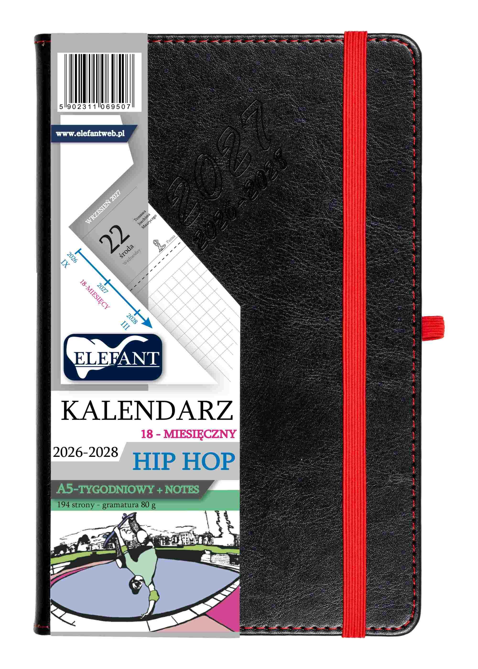 Kalendarz 2026/2028 18 m-cy. Hip hop A5 tygodniowy czarny