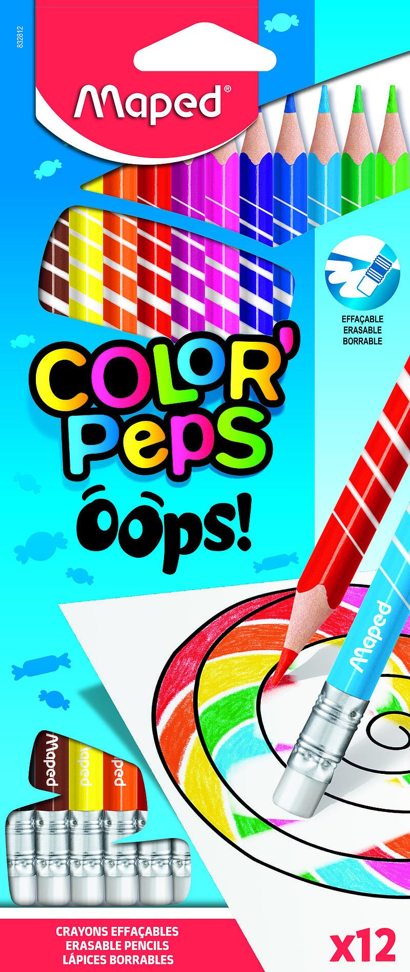 Kredki ścieralne z gumką maped colorpeps oops trójkątne 12 kolorów