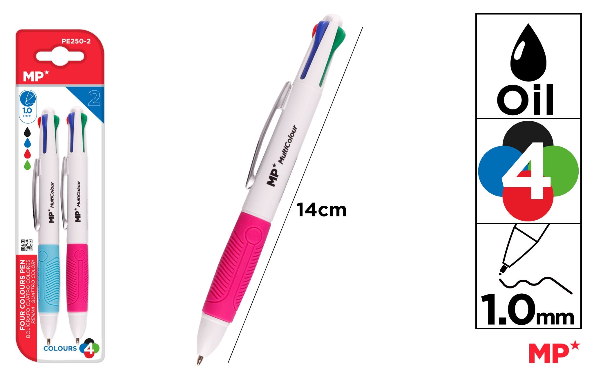 Długopis olejowy MP 1.0mm 4 kolory 2szt. blister