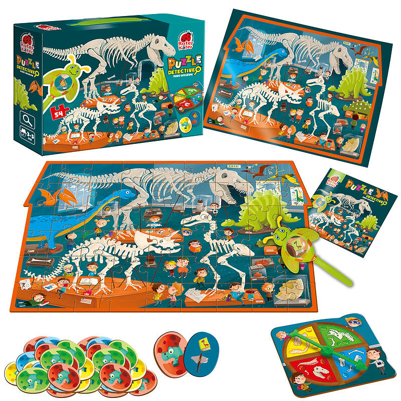 Puzzle 54 z grą edukacyjną i lupą detective dino museum rk1080-05