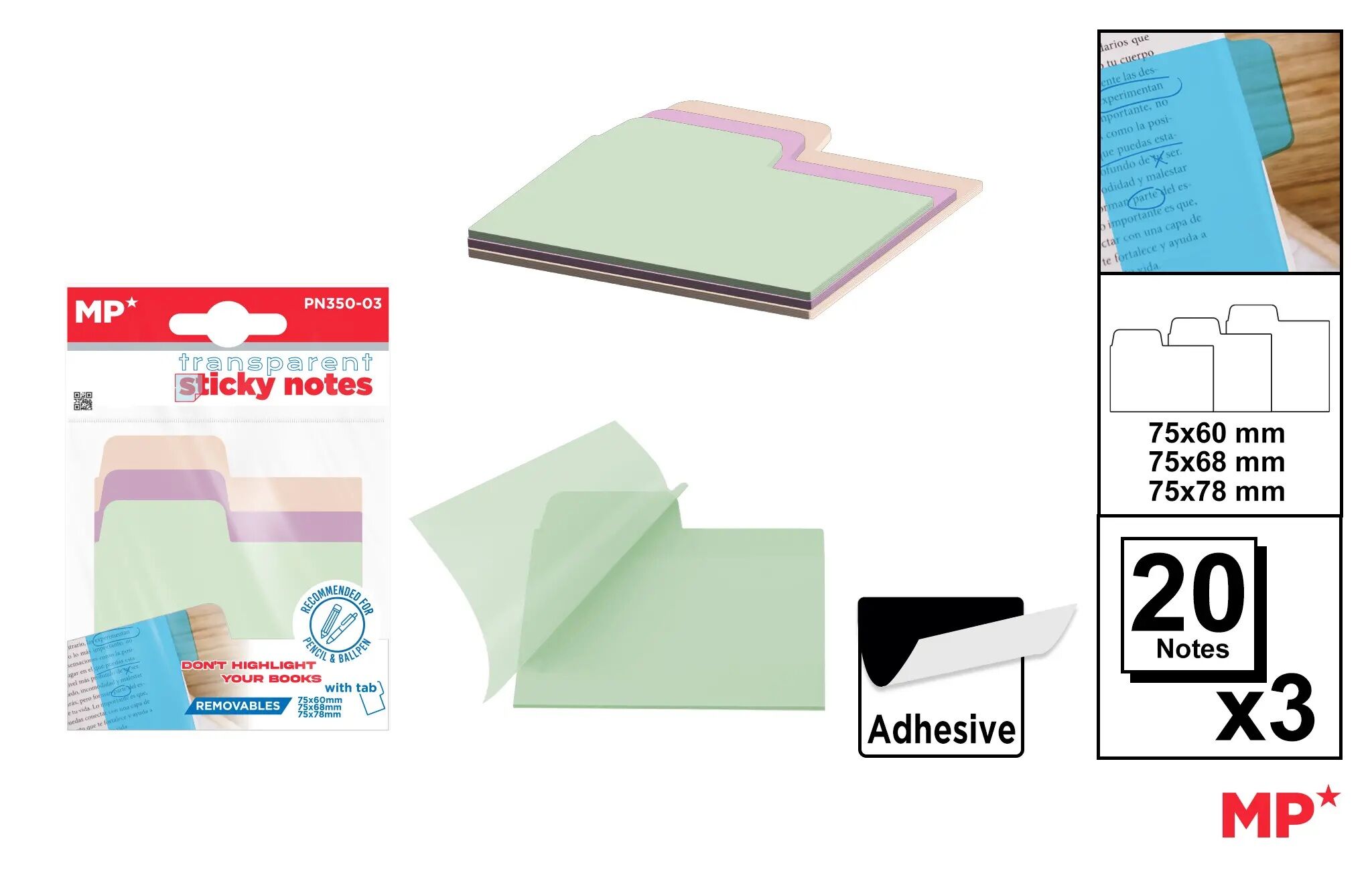 Karteczki samoprzylepne indeksujące przezroczyste 75x60mm 3x20szt.