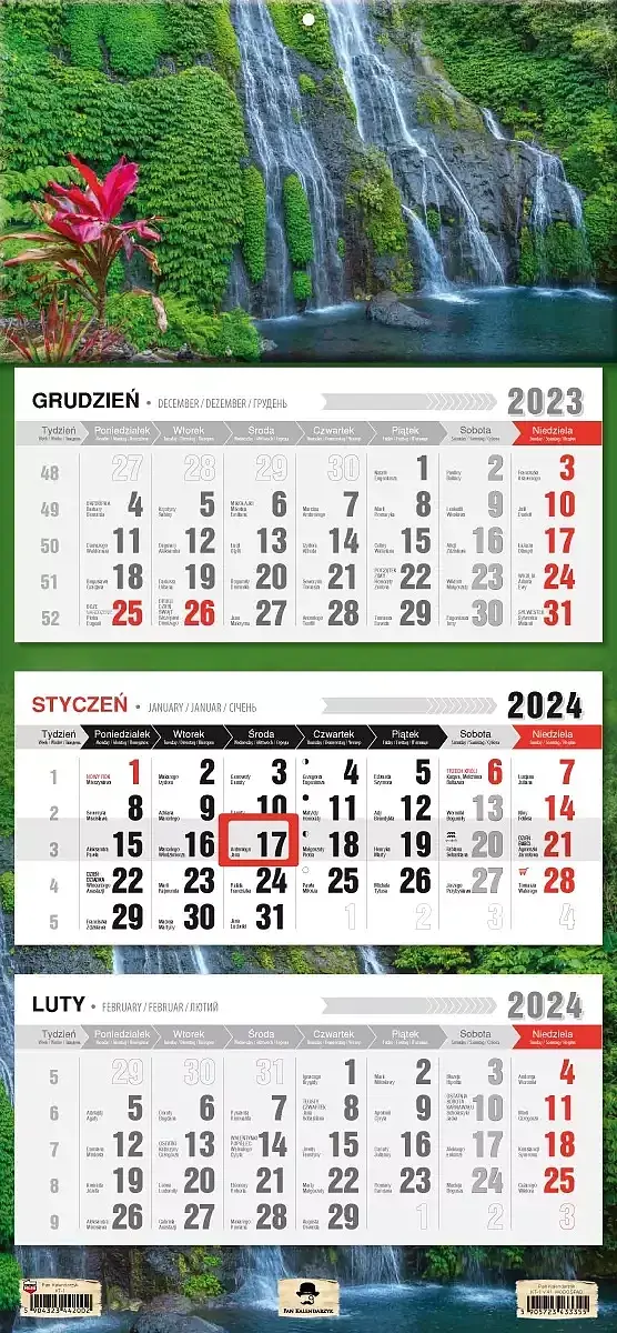 Kalendarz 2025 trójdzielny Wodospad