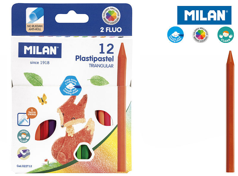 Kredki milan świecowe plastipastel trójkątne 12 kolorów w kartonowym opakowaniu