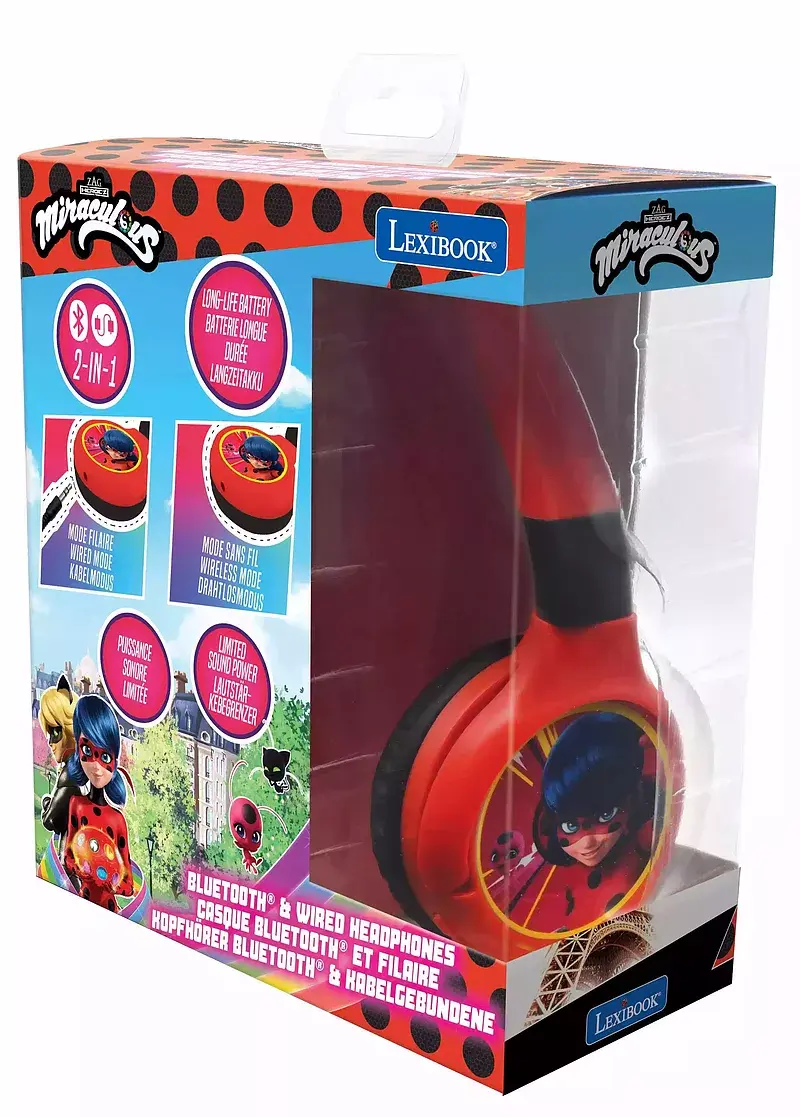 Składane słuchawki miraculous 2 w 1 bluetooth i przewodowe z zabezpieczeniem głośności dla dzieci hpbt010mi
