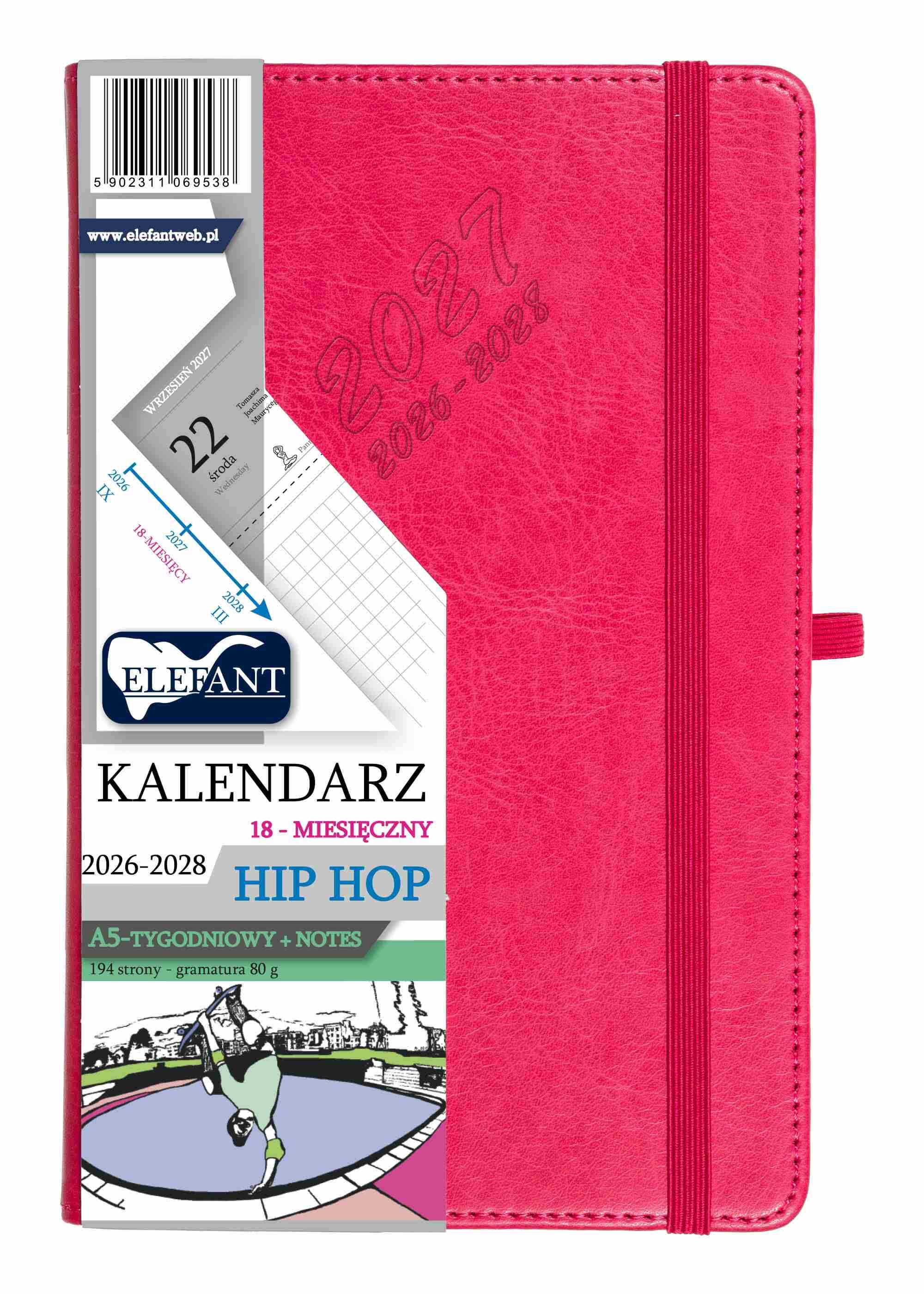 Kalendarz 2026/2028 18 m-cy. Hip hop A5 tygodniowy karmazyn