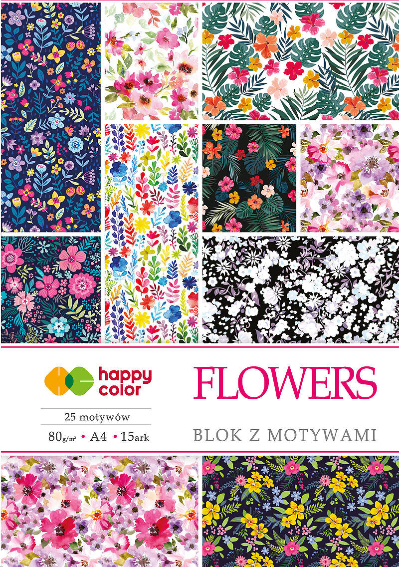 Blok happy color z motywami flowers a4 15 arkuszy 80g/m2, 25 motywów